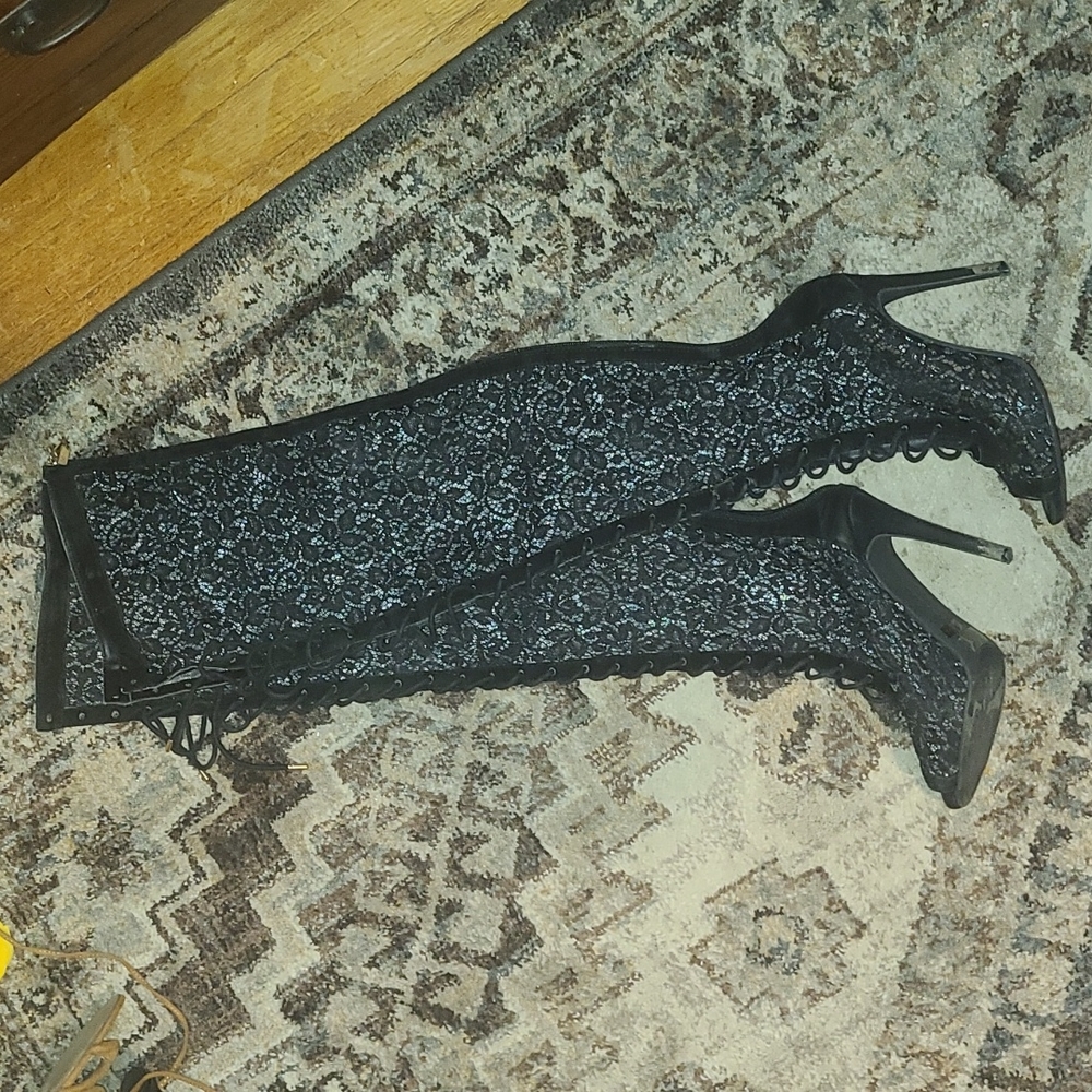 Sheer lace thigh high heels